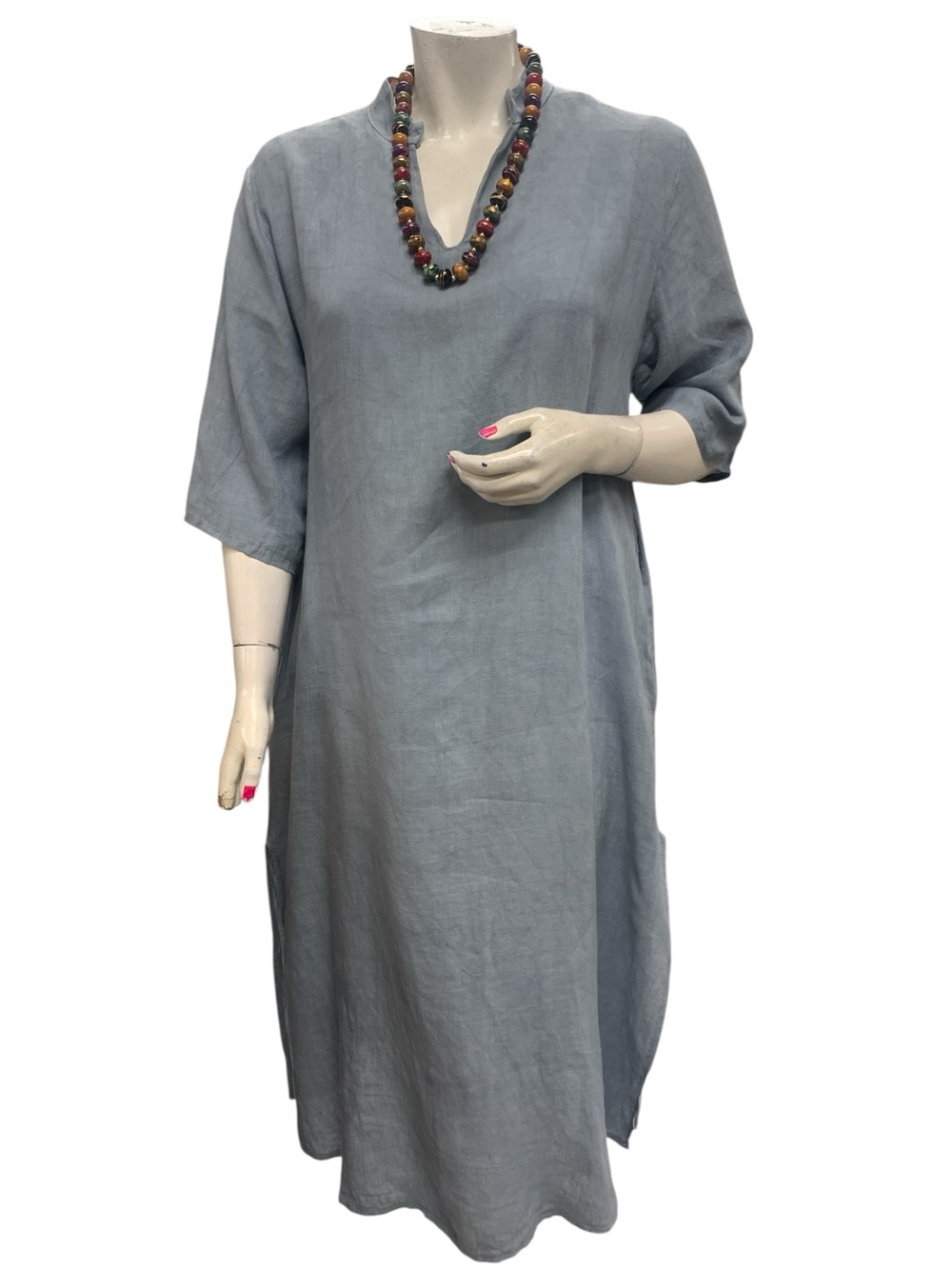 M Made In Italy Light Blue Linen V-Neck Midi Dress Size 2X